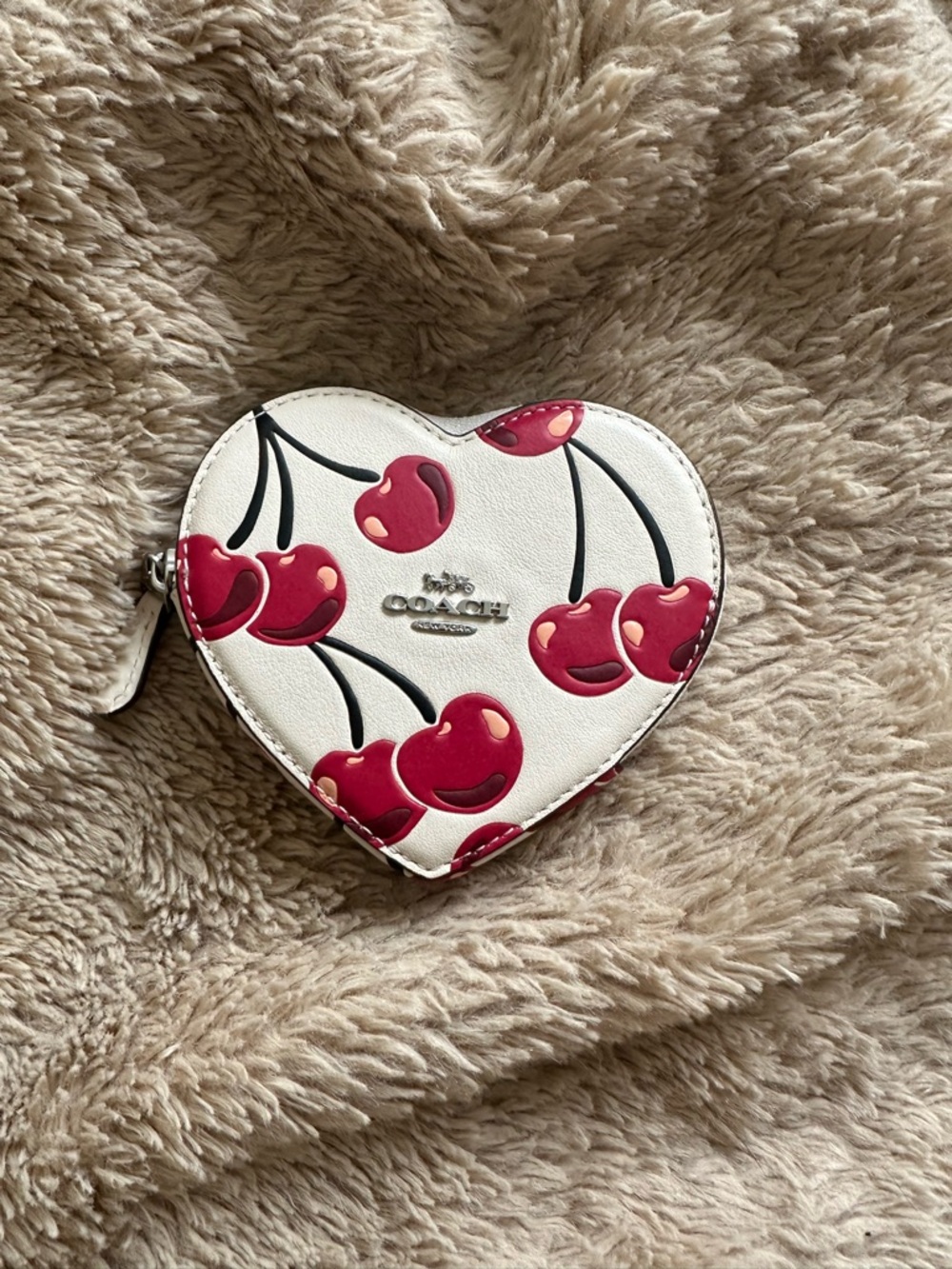 Coach Heart Coin Purse in White with Red Cherry Print